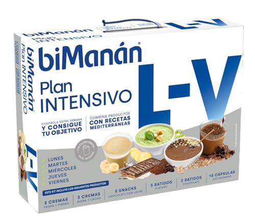 biManán - Plan Intensivo de Lunes a Viernes, Sustitutivos para el Control del Peso, Incluye Batidos, Cremas, Barritas, Cápsulas Captagrasas y una Coctelera, con Vitaminas y Minerales